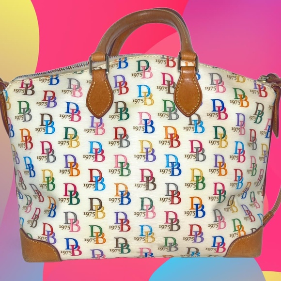 Dooney & Bourke Handbags - Dooney Bourke DB Logo 1975 Monogram Retro Rainbow Graffiti Leather Satchel Bag
